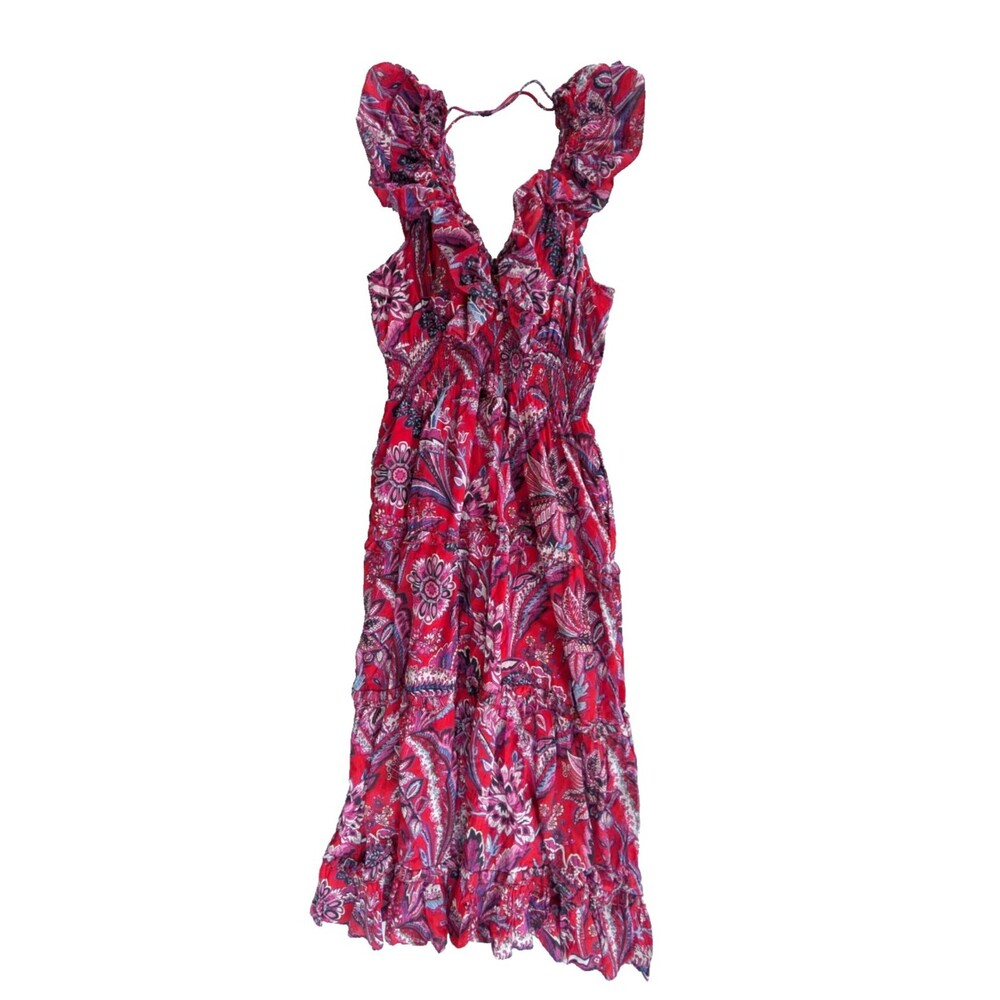 Caroline Constas Floral Maxi Dress Pink Red Paisley Smocked Cotton Women's L